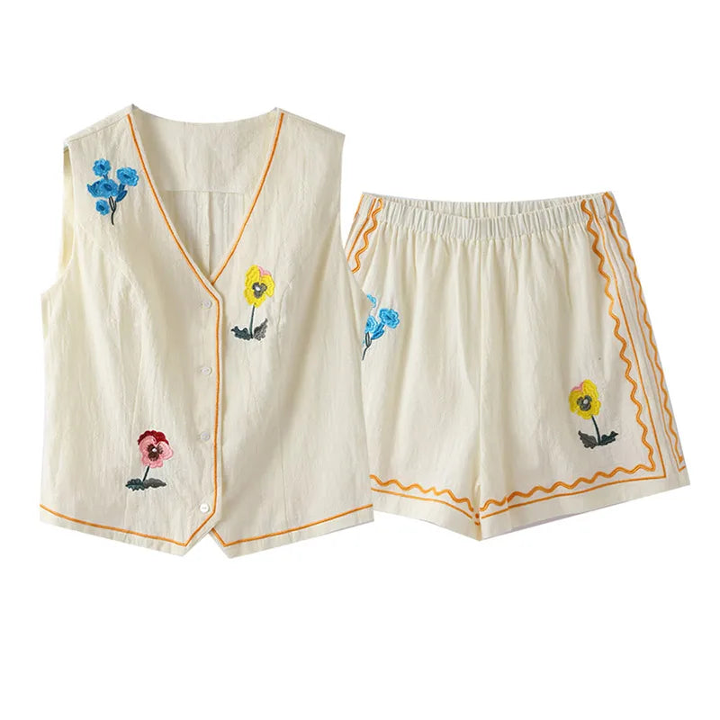 BloomBreeze-Flower Embroidery Vest and Shorts Suit